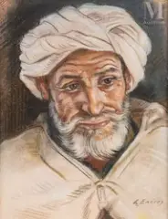Portrait d'un homme au turban by Louis John Endres, Sanguine, craie noire et rehauts de pastel sur papier, sold Dec 2024