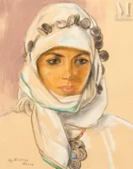Portrait de bédouine au foulard by Louis John Endres, Pastel sur papier, sold Dec 2024