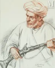 Portrait d'homme au fusil by Louis John Endres, Sanguine et craie noire sur papier, sold Dec 2024