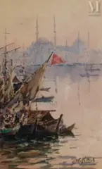 Istanbul, Le Bosphore Boğaziçi, Turquie by Gilbert Galland, Aquarelle, sold Dec 2024