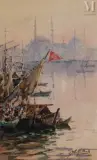 Istanbul, Le Bosphore Boğaziçi, Turquie by Gilbert Galland, Aquarelle, sold Dec 2024