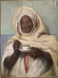 Portrait de bédouin à la tasse de café by Jean Fabien Galey, Huile sur toile d'origine, sold Dec 2024