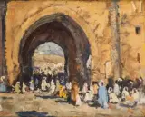 Assemblée devant la porte de la ville by Paul Surtel, Huile sur carton, sold Dec 2024