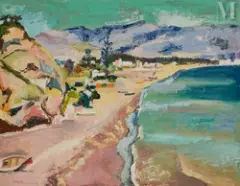 Plage cotière by Mohamed Bouzid, Huile sur carton marouflé sur panneau, sold Dec 2024