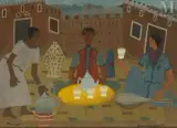 Cérémonie du thé by Mohamed Ben Allal, Huile sur papier, sold Dec 2024