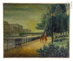 Promenade en bord de Seine by Lam Dong, Huile sur toile d'origine, sold Dec 2024