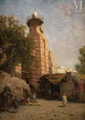 Scène de rue en Egypte by Narcisse Berchère, Huile sur panneau, sold Dec 2024