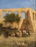 La halte à l'aqueduc d'Hydra by Victor Huguet, Huile sur panneau, sold Dec 2024