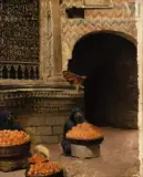 Marchandes d'oranges au Caire by Ludwig Deutsch, Huile sur panneau une planche non parqueté, sold Dec 2024