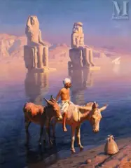 Jeune muletier devant les colosses de Memnon, Thèbes by Adam Styka, Huile sur toile, sold Dec 2024