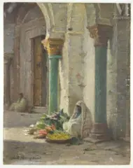 Le vendeur de légumes à Tunis by Cécile Bougourd, Huile sur panneau, sold Dec 2024