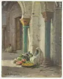 Le vendeur de légumes à Tunis by Cécile Bougourd, Huile sur panneau, sold Dec 2024
