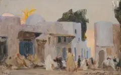 Scène de rue animée by Alexandre Roubtzoff, Huile sur toile marouflée sur carton, sold Dec 2024