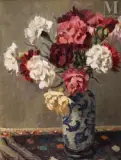Bouquet d'oeillets dans un vase annamite by Georges Barrière, Huile sur panneau, sold Dec 2024