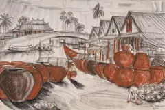 Les potières aux bords de la rivière by André Maire, 1952, Fusain et sanguine sur papier, sold Dec 2024