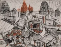 La baie d'Halong by André Maire, 1951, Fusain et sanguine sur papier, sold Dec 2024