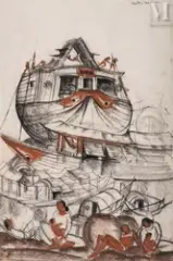 Au repos devant la rivière by André Maire, Fusain et sanguine sur papier, sold Dec 2024
