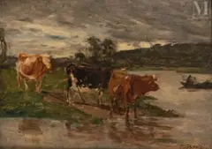 Vaches au bord de la Touques by Eugène Louis Boudin, Huile sur panneau parqueté, sold Dec 2024