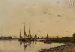 Dordrecht, Bateaux sur la Meuse by Eugène Louis Boudin, Huile sur toile, sold Dec 2024