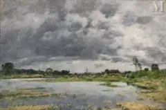 Les bords de la Touques à Trouville pendant les grandes marées by Eugène Louis Boudin, Huile sur toile d'origine, sold Dec 2024