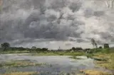 Les bords de la Touques à Trouville pendant les grandes marées by Eugène Louis Boudin, Huile sur toile d'origine, sold Dec 2024