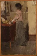 Femme debout devant sa coiffeuse (c. 1892) by Édouard Vuillard, Huile sur carton marouflé sur panneau une planche, parqueté, sold Dec 2024