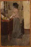 Femme debout devant sa coiffeuse (c. 1892) by Édouard Vuillard, Huile sur carton marouflé sur panneau une planche, parqueté, sold Dec 2024