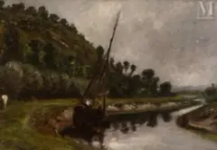Bateau en bord de rivière by Paul Huet, Huile sur papier marouflé sur toile, sold Dec 2024