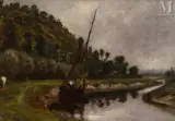 Bateau en bord de rivière by Paul Huet, Huile sur papier marouflé sur toile, sold Dec 2024
