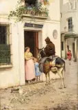 Le moine devant une mère de famille by José de la Vega Y Marrugal, Huile sur toile, sold Dec 2024
