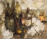 Nature morte aux pinceaux by Michel de Gallard, Huile sur toile d'origine, sold Dec 2024
