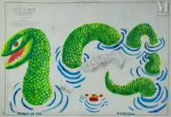 Serpent de mer by Hervé Di Rosa, 2024, Aquarelle sur carte marine, Ile de la Galité - Tunisie, Service Hydrographique de la Marin, sold Dec 2024