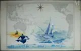 Mor Bihan double le Cap Horn lors de la Whitbread 1981 by Gildas Flahault, 2024, Aquarelle, Carte Générale de l'Océan Pacifique, Dépôt général de la marine, sold Dec 2024
