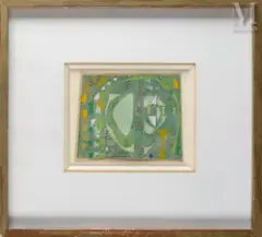 Composition by Joe Downing, Aquarelle et gouache sur papier contre collé sur carton, sold Nov 2024