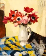 Bouquet d’anémones by Charles Kvapil, Huile sur isorel, sold Apr 2024