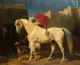 L'étalon blanc, le lévrier et l'ecuyer by Alfred Couverchel, Huile sur toile, sold Nov 2023