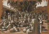 Saïda marché arabe by M de la Rouere, Encre et gouache blanche sur papier brun, sold Nov 2023