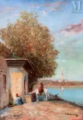 La halte by Vincent Manago, Huile sur toile d'origine, sold Nov 2023