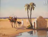 Les bédouins passant au mausolée by Vincent Manago, Huile sur carton, sold Nov 2023