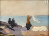 Femmes étendant le linge sur la plage de la Goulette by David Junes, Huile sur panneau, sold Nov 2023