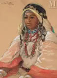 Portrait de femme aux bijoux by Elizabeth Dandelot, Gouache sur trait de fusain rehauts de gouache blanche, sold Nov 2023