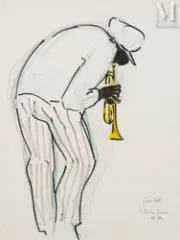 Miles Davis by Jean Culot, Crayon et feutre sur papier, sold Dec 2023