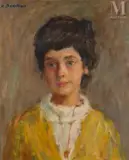 Portrait de jeune fille en jaune by Krikor Bédikian, Huile sur toile d'origine, sold Sep 2023