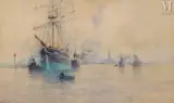 Bateaux dans le Port d' Anvers by Henri Cassiers, Aquarelle gouachée, sold Sep 2023