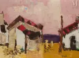 Maisons au bord de la plage by Jacques Daufin, Huile sur toile d'origine, sold Sep 2023