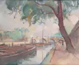 Peniche devant le Pont Neuf by Guillaume Dulac, Huile sur toile d'origine, sold Sep 2023