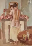 Nu au miroir (recto verso) by Adrien Dupagne, Huile sur panneau double face, sold Sep 2023