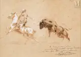 Tauromachie, cavalier et taureau by José G de la Pena, Aquarelle et rehauts de gouache blanche, sold Sep 2023