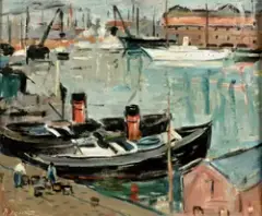 Marine aux bateaux by Max Agostini, Huile sur toile, sold Sep 2023