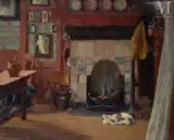 Intérieur à la cheminée et au chat by Ohannès Alhazian, Huile sur toile d'origine, sold Sep 2023